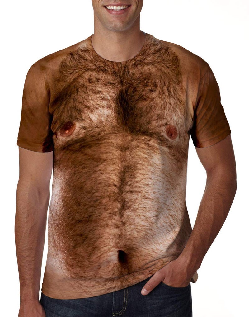 uideazone Men 3D Chest Hairy Printed Short Sleeve T-Shirt Casual Crew Neck Shirt Top - Image 1